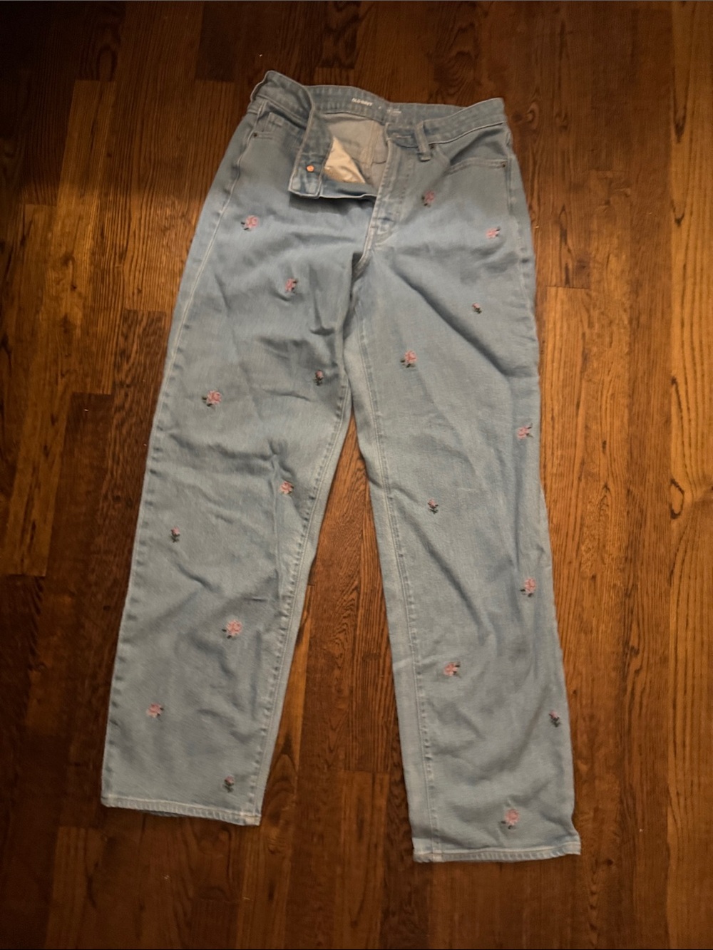 Old Navy Light Blue Straight-Leg Jeans with Pink Floral Embroidery